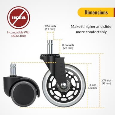 HOLKIE Office Chair Wheels Roller Blade Caster Rubber Replacement for Office 11x22mm Transparent 3 Inch, Desk Rolling Set of 5 for Hardwood Floors Gaming Chair Wheels Smooth & Silence Gliding - Image 2