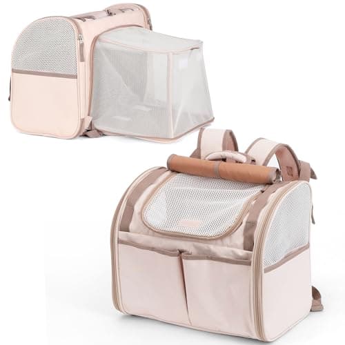 FUKUMARU Cat Backpack Carrier, Expandable Small Pet Carriers for Cats with 4 Pockets, Hiking Travel Carrier Bag for Small Animal, Airline Approved Cat Carrier with Rollable Cover for Nervous Cat, Pink - Image 1