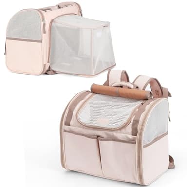 FUKUMARU Cat Backpack Carrier, Expandable Small Pet Carriers for Cats with 4 Pockets, Hiking Travel Carrier Bag for Small Animal, Airline Approved Cat Carrier with Rollable Cover for Nervous Cat, Pink - Image 1