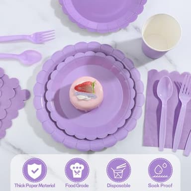 Xiangqu 175 Pcs Lavender Paper Plates and Napkins, Light Purple Party Supplies Include Scalloped Lavender Plates Napkin Cup Plastic Cutlery for Garden Party, Baby Shower, Wedding, Birthday - Image 3