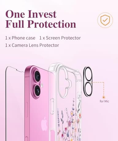 GVIEWIN for iPhone 16 Case, with Screen Protector & Camera Lens Protector, Floral Shockproof Protective Bumper Slim Soft Clear Phone Cover for Women 2024 6.1"(Floratopia/Colorful) - Image 9