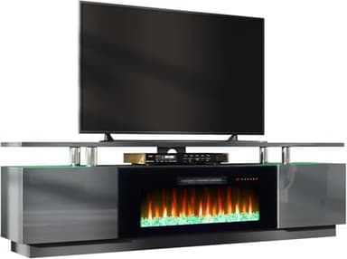 AMERLIFE Fireplace TV Stand with 40" Fireplace, 80" Modern High Gloss Fireplace Entertainment Center LED Lights, 2 Tier TV Console Cabinet for TVs Up to 90", Grey - Image 9
