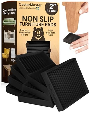 CasterMaster Non-Slip Furniture Pads Square Rubber Anti-Skid Caster Cups, Anti-Sliding Floor Protectors for Furniture (Black, 2'' x 2'' (Pack of 8)) - No Slippery Rubber Squares - Image 1