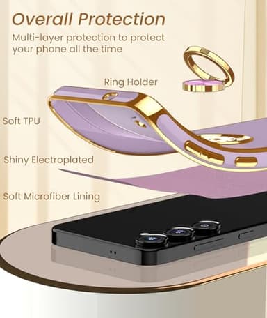 Dretal for Samsung Galaxy 25 Plus 5G Case, Screen Protector, 360° Rotatable Ring Holder Magnetic Kickstand,Plated Gold Edge Slim Soft TPU Protective Phone Case Cover for Galaxy 25+ (Purple) - Image 5