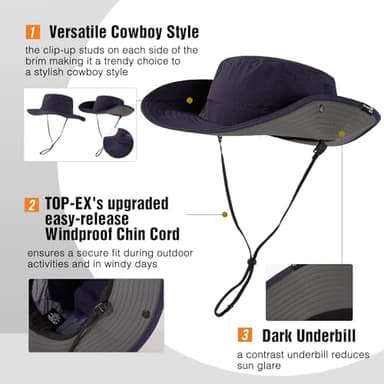 TOP-EX Men's Waterproof Bucket Sun Hat with Wide Brim, Summer Boonie Shade Cap for Outdoor Hiking, Fishing, Beach, Safari - UV Protection SPF Sunhat, Navy M/L - Image 6