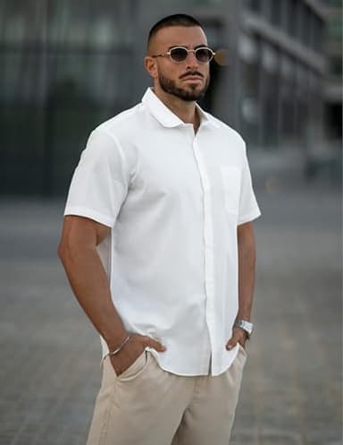 COOFANDY Mens Casual Dress Shirt Short Sleeve Business Attire Regular Fit Polyester Wrinkle Free Button Down Shirts with Pocket White Large - Image 2