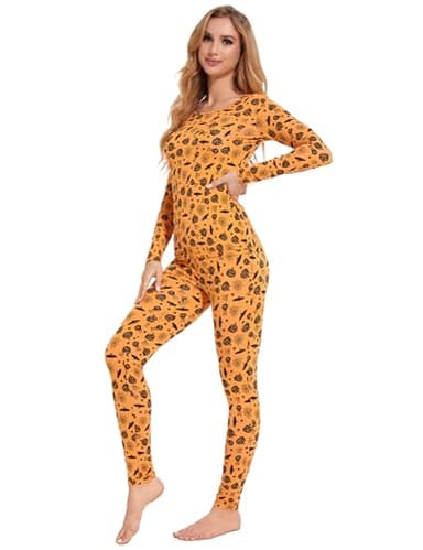 GYS Bamboo Viscose Long Johns Sets Halloween Thermal Underwear for Women Lightweight Base Layer Snug fit Pajamas Set, Orange Halloween, Large - Image 2