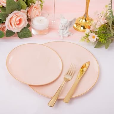 YOUBET 125PCS Pink Plastic Plates - Pink Disposable Plates With Gold Rim - Pinks and Gold Plates Include 25 Dinner Plates, 25 Dessert Plate, 75 Cutlery for Party Wedding Birthday - Image 2