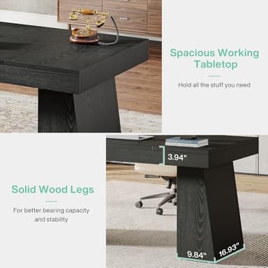 Tribesigns 55 Inches Executive Desk, Mid-Century Modern Home Office Desk with Double Trapezoid Base, Wood Computer Desk Business Workstation Desk Small Conference Table, Black - Image 7