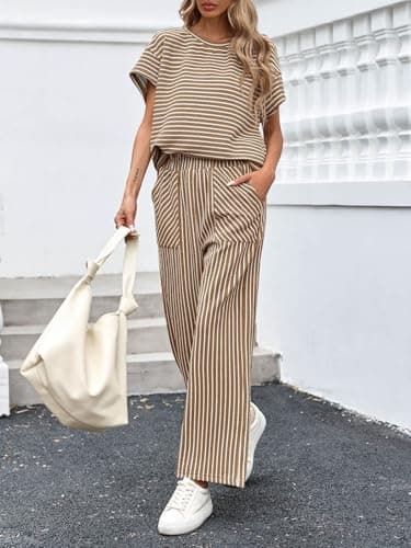 Tankaneo Womens Striped 2 Piece Sets Short Sleeve T Shirts Wide Leg Pants Matching Lounge Set with Pockets - Image 5