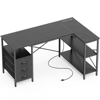 Huuger L Shaped Office Desk with Power Outlets, 47 Inch Computer Desk with 3 Drawers, Shelves, for Gaming, Corner Work, Home Office, Study, Black - Image 1