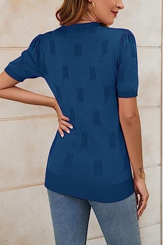 Arach&Cloz Womens Summer Fall Tops 2025 Fashion Short Sleeve Sweaters Crew Neck Lightweight Knit Dressy Teacher Blouse Blue - Image 5