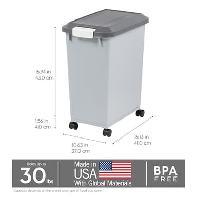 IRIS USA Dog Food Storage Container with Wheels, Airtight Lid, 2-Cup Scoop, Up to 30 Pounds Pet Food Storage, Built in Scoop Storage in Lid, Versatile Pet Food Bin, Portable, BPA Free, Gray/Dark Gray - Image 3