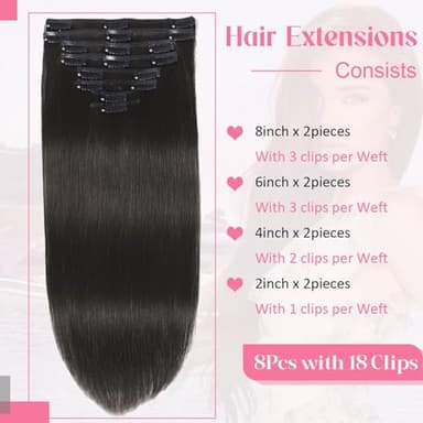Tebelove Clip in Hair Extensions Real Human Hair, 100g/3.6oz, Clip in 100% Brazilian Remy Human Hair Extension for Women, Double Weft 8pcs Per Set with 18 Clips 1B Natural Black 16 Inch - Image 3