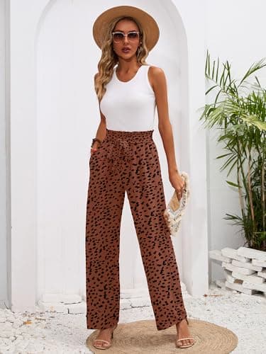 Heymoments Women's Wide Leg Lounge Pants with Pockets Coffee Leopard Medium Lightweight High Waisted Adjustable Tie Knot Loose Comfy Casual Trousers - Image 5