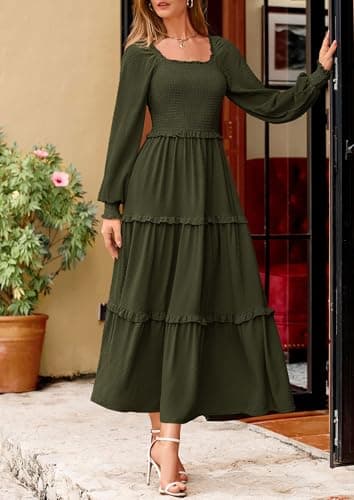 PRETTYGARDEN Fall Dresses for Women 2025 Long Sleeve Smocked Square Neck Swiss Dot Tiered Flowy Wedding Guest Maxi Dress (Army Green,Large) - Image 2