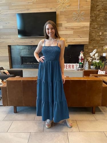 PRETTYGARDEN Summer Dresses for Women 2025 Spaghetti Strap Floral Maxi Dress Sleeveless Smocked Tiered Long Beach Sundress (Dark Blue,L) - Image 5
