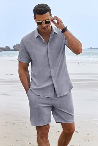 COOFANDY Mens Short Sets 2 piece Outfits Linen Shorts Set for Men Cruise Wear, Dark Blue Grey, XX-Large - Image 3