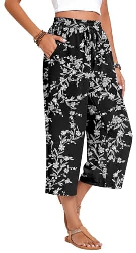 Anyhold Womens Plus Size Capri Pants Loose High Waisted Wide Leg Lounge Pants Drawstring Casual Palazzo Trousers with Pockets 2X-Large, White Carvings - Image 2