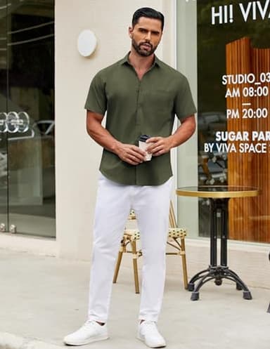 COOFANDY Mens Dress Shirts Button Down Short Sleeve Shirts Business Casual Shirt Army Green - Image 3