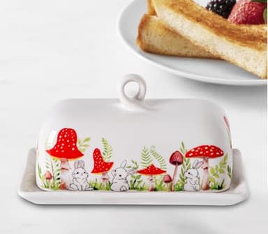 Mushroom Butter Dish With Lid For Countertop Ceramic Butterdish Mushroom Kitchen Decoration Cute Butter Holder Covered Red Mushroom Rabbit Painting Butter Container Large Mantequillera Butter Tray - Image 7