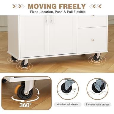 Shintenchi Kitchen Island with Folding Drop Leaf, Rolling Island Table with Storage, Kitchen Cabinet on Wheels with Seating Area for Kitchen, Bar Cart with Cabinet, White - Image 5