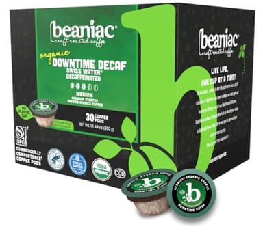 beaniac Organic Downtime Decaf Swiss Water Decaffeinated, Medium Roast, Single Serve Compostable K Cup Coffee Pods, Organic Arabica Coffee, Keurig Brewer Compatible, 30 Count - Image 1