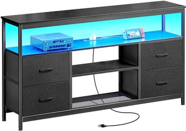 Huuger TV Stand Dresser with Power Outlets and LED Lights, 4 Drawers Entertainment Center with Shelf, 54 Inch Media Console for 55 60 Inch TV, 4 AC Outlets, 2 USBs, Dresser with PU Finish, Black - Image 1