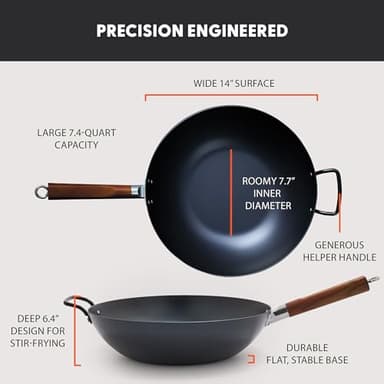 GreenPan Carbon Steel Wok 14”, Flat Bottom, Durable Stir-Fry Pan, Pre-Seasoned Ready to Use, High Heat Retention, Induction, Ash Wood Handle, Kyoto, Black - Image 2