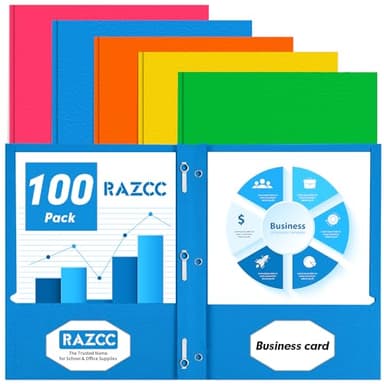 Two Pocket Folders, RAZCC 100 Pack Two Pocket with Prongs, 3 Prong Folders Fit Letter Size Paper, Pocket Paper File Folders for School Office Home Business, Assorted 5 Colors - Image 1