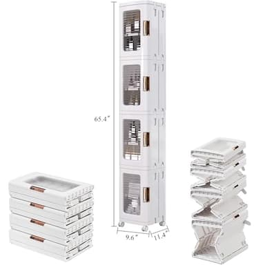 VECELO 4-Tier Plastic Tall Narrow Storage Cabinet with Movable Wheels, Adjustable Shelves, Magnetic Doors, Slim Bathroom Organizers and Storage for Small Space, Bathroom, Kitchen, Laundry, White - Image 2