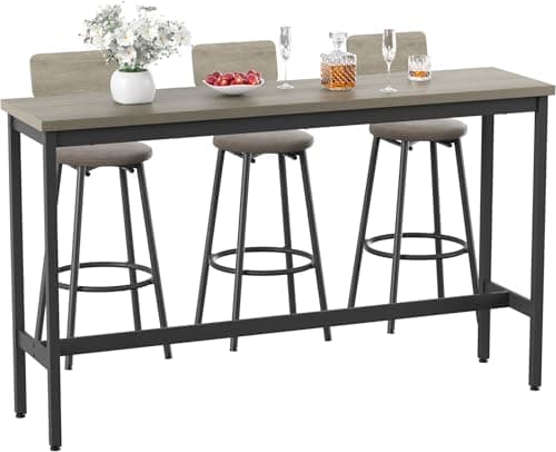 Elevon 63 in Long Bar Table Set with 3 PU Upholstered Bar Stools, Dining Table and Chair Sets, Industrial Tall Coffee Table and Back Chair for Kitchen, Living Room, Party Room, Small Space, Pub, Gray - Image 1