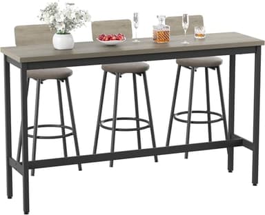 Elevon 63 in Long Bar Table Set with 3 PU Upholstered Bar Stools, Dining Table and Chair Sets, Industrial Tall Coffee Table and Back Chair for Kitchen, Living Room, Party Room, Small Space, Pub, Gray - Image 1
