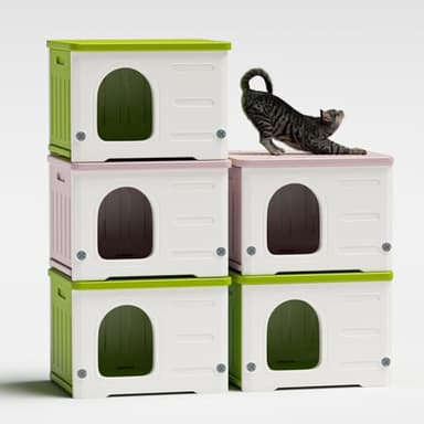 Plastic Cat House for Outdoor Indoor Use, Stackable Feral Cat Shelter Indoor Cat House Weatherproof Waterproof Elevated (Green) - Image 2