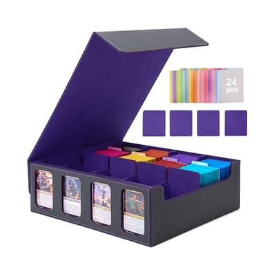 Venssu Card Storage Box for Trading Cards with Card Supporters, 3000+ MTG Deck Box with 24 Colorful Divider Tabs, Trading Card Storage with Viewing Windows Fits for Magic Game(Black and Purple) - Image 1