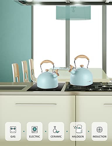 Tea Kettle, BELANKO 85 OZ / 2.5 Liter Whistling Tea Kettle, Tea Pots for Stove Top Food Grade Stainless Steel with Wood Pattern Folding Handle, Loud Whistle Kettle for Tea, Coffee, Milk - Turquoise - Image 6