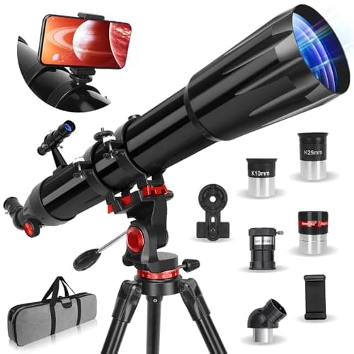 Telescope,Telescope for Adults High Powered, 90mm Aperture 900mm Professional Refractor Telescopes for Kids & Beginners, Magnification 450X,for Planet Observation with Stainless Tripod & Phone Adapter - Image 1