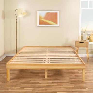 Minimalist Full Solid Pine Wood Bed Frame with Japanese-Inspired Design, 9.7-Inch Underbed Storage No Box Spring Needed, Low-Profile 300 lb Capacity for Serene Durable Living Spaces, Natural - Image 1
