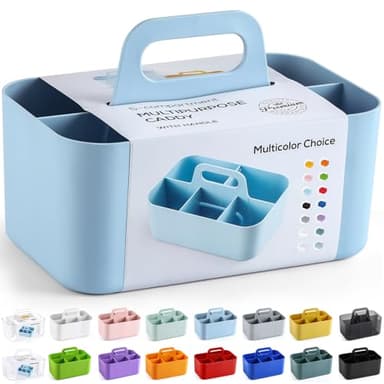 Multiuse Caddy Organizer with Handle - Stackable Plastic Tote Bin - Art Craft Supplies, Office, Desk, Stationery Pen Holder, Kitchen, Utensil, Makeup, Bathroom, Shower, Cleaning, Dorm Organizer - Blue - Image 1