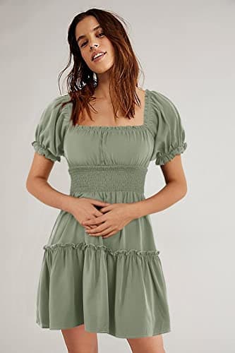 Heysolo Womens Square Neck Mini Dress Casual Short Sleeve Empire Waist Smocked Summer Babydoll Dresses Light Green - Image 2