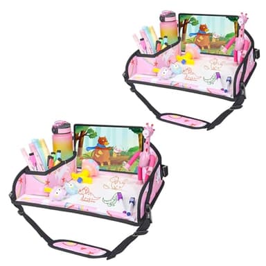 DxTing Upgraded Kids Travel Tray for Car Seat - Travel Tray for Airplane, Table Tray for Kids Travel Essentials, Toddler Lap Tray, Carseat Lap Desk for Kids Road Trip Activities, Pink Unicorn - 2 PCS - Image 1