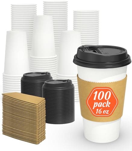 Dealusy 100 Pack 16 oz Disposable Coffee Cups with Lids and Sleeves, Sturdy Thick Paper & Leak-free Insulated to Go Paper Hot Coffee Cups for Hot & Cold Beverage - Image 1