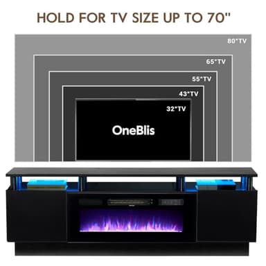 OneBlis 70" TV Stand for Living Room, Modern Entertainment Center & Media Console, Fits TVs up to 80", Storage Cabinet with Shelves, 36" Electric Fireplace with LED Flame (All Black) - Image 7