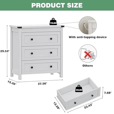 Dresser for Bedroom with 3 Drawers, Small Chests of Drawers, 27.55" Wide Farmhouse Wood Nightstand Bedside Cabinet End Table, Modern Closet Storage Organizer for Living Room, Entryway, Hallway, White - Image 2