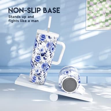 Meoky 40 oz Tumbler with Handle and Straw: Stainless Steel Insulated Tumbler with Lid and Straw - 100% Leak Proof Tumbler for Car Cup Holders - Travelers Commuters Workers, Blue Rose - Image 5