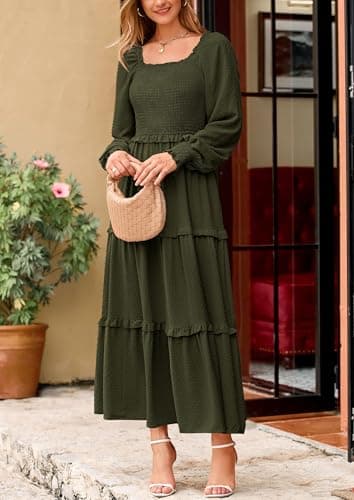 PRETTYGARDEN Fall Dresses for Women 2025 Long Sleeve Smocked Square Neck Swiss Dot Tiered Flowy Wedding Guest Maxi Dress (Army Green,Large) - Image 4