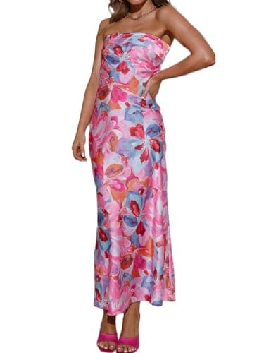 Realtix Summer Satin Print Backless Tube Tops Maxi Dress for Women Low Back Hollow Out Elegant Strapless Long Dresses Wedding Guest - Image 1