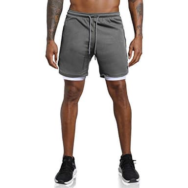 Leidowei Men's 2 in 1 Running Sports Shorts Quick Drying Breathable Short with Built-in Pocket Compression Dark Grey L - Image 2