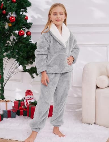 Gihuo Girls Fleece Pants Sets Fuzzy 2 Piece Outfits Lapel Collar Pullover Sweatshirt Set Sweatsuit 5-12Y (LightGrey, 7-8 Years) - Image 3