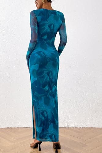 PRETTYGARDEN Women's Bodycon Maxi Dress Fall Spring Fashion Long Sleeve Floral Print Tight Fitted Party Club Ruched Dresses (Print Blue Green,Small) - Image 2